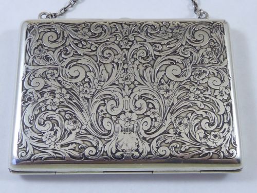 fig 1. Silver Engraved Dance Card Case Purse Hallmarked Sterling Chatelaine Visiting Calling Chain