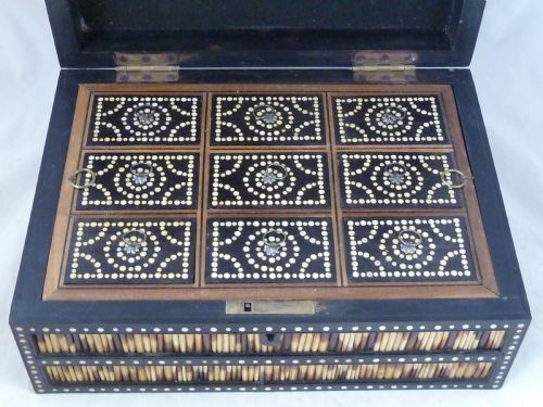 ANGLO INDIAN CEYLON PORCUPINE QUILL BOX JEWELLERY TREASURE BONE EBONY - ADDITIONAL PHOTO 3