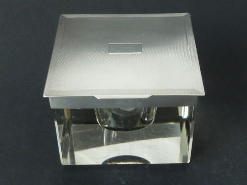 EXTRA LARGE ART DECO INKWELL 1936 SILVER GLASS ENGINE ENGRAVED - ADDITIONAL PHOTO 1