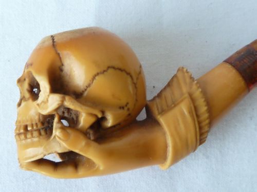 SKULL IN HAND CARVED MEERSCHAUM PIPE CHEROOT HOLDER AMBER CASE - ADDITIONAL PHOTO 1