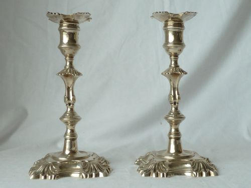 pair john caf 1752 georgian cast silver candlesticks - CATEGORY: ANTIQUE SILVER - DATED 18TH CENTURY