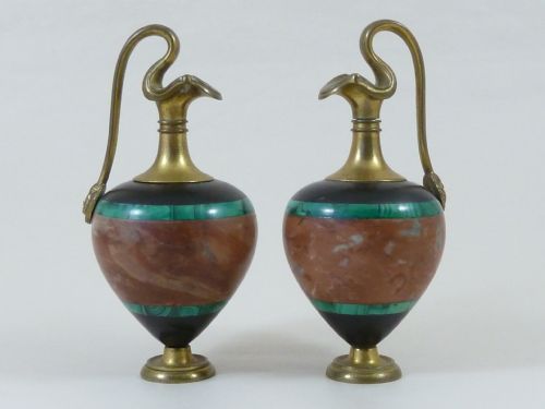 pair miniature ornamental ewers malachite rouge marble ormolu grand tour - CATEGORY: ANTIQUE JUGS - DATED 1870