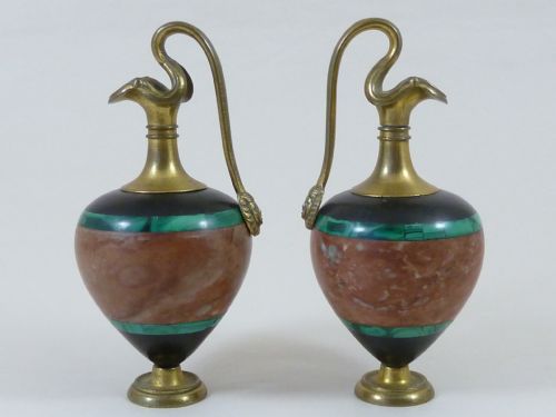 PAIR MINIATURE ORNAMENTAL EWERS MALACHITE ROUGE MARBLE ORMOLU GRAND TOUR - ADDITIONAL PHOTO 2
