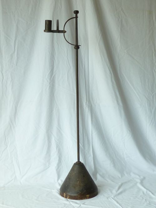 floor standing rushlight candlestick wrought iron standard turned wood - CATEGORY: ANTIQUE LIGHTING - DATED 1920