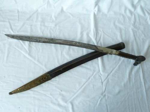 Turkish Yataghan Sword Silver Gold Damascened Blade Ottoman Islamic Calligraphy