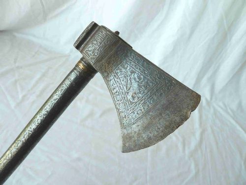 ENGRAVED STEEL SADDLE AXE TABAR TABARZIN INDIAN OTTOMAN ISLAMIC PERSIAN - ADDITIONAL PHOTO 2