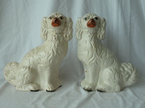 pair 12 victorian white staffordshire comforter spaniel wally dogs pottery original - CATEGORY: ANTIQUE CERAMICS - DATED 1880