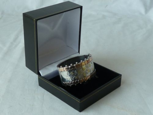 1893 ENGLISH VICTORIAN HALLMARKED SOLID STERLING SILVER ROSE YELLOW GOLD CUFF BANGLE BRACELET - ADDITIONAL PHOTO 2
