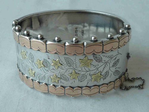 1893 english victorian hallmarked solid sterling silver rose yellow gold cuff bangle bracelet - CATEGORY: ANTIQUE JEWELLERY - DATED 1890