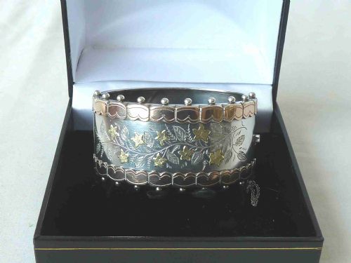 1893 ENGLISH VICTORIAN HALLMARKED SOLID STERLING SILVER ROSE YELLOW GOLD CUFF BANGLE BRACELET - ADDITIONAL PHOTO 1