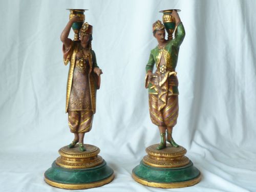 pair french cold painted spelter figural candlesticks eastern arabic sculpture - CATEGORY: ANTIQUE LIGHTING - DATED 1900