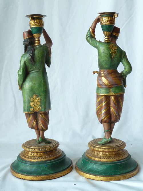 PAIR FRENCH COLD PAINTED SPELTER FIGURAL CANDLESTICKS EASTERN ARABIC SCULPTURE - ADDITIONAL PHOTO 2