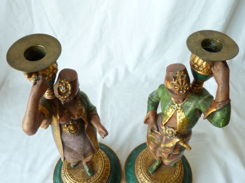 PAIR FRENCH COLD PAINTED SPELTER FIGURAL CANDLESTICKS EASTERN ARABIC SCULPTURE - ADDITIONAL PHOTO 7