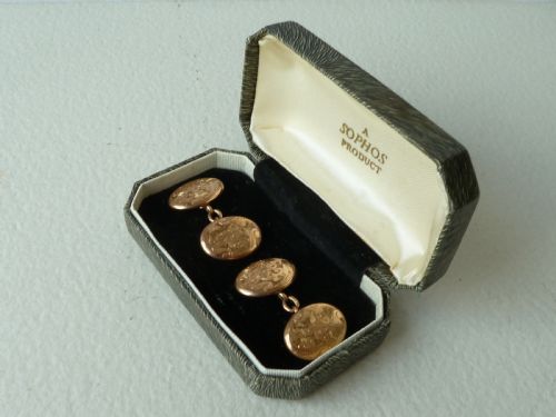 SOLID 10 CARAT GOLD HAND ENGRAVED OVAL DOUBLE CUFFLINKS BOXED - ADDITIONAL PHOTO 1