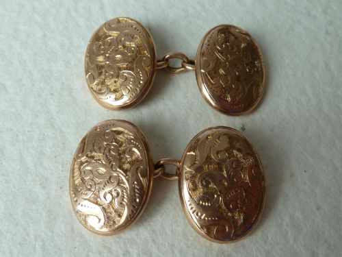 SOLID 10 CARAT GOLD HAND ENGRAVED OVAL DOUBLE CUFFLINKS BOXED - ADDITIONAL PHOTO 2