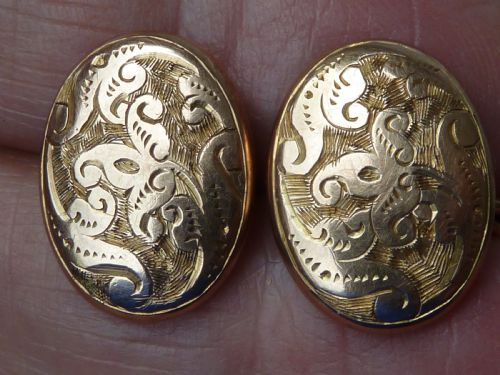 SOLID 10 CARAT GOLD HAND ENGRAVED OVAL DOUBLE CUFFLINKS BOXED - ADDITIONAL PHOTO 3