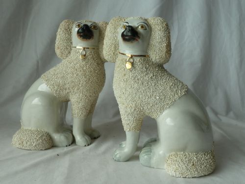 PAIR VICTORIAN STAFFORDSHIRE POTTERY POODLE CONFETTI DOGS SEPARATE LEG FIGURES GRAVELWARE LION CUT ANTIQUE - ADDITIONAL PHOTO 1