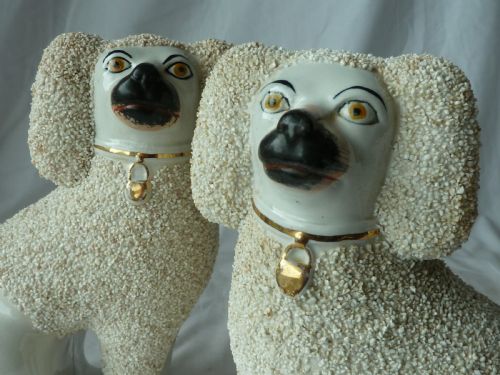 PAIR VICTORIAN STAFFORDSHIRE POTTERY POODLE CONFETTI DOGS SEPARATE LEG FIGURES GRAVELWARE LION CUT ANTIQUE - ADDITIONAL PHOTO 2