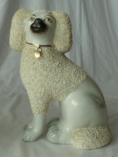 PAIR VICTORIAN STAFFORDSHIRE POTTERY POODLE CONFETTI DOGS SEPARATE LEG FIGURES GRAVELWARE LION CUT ANTIQUE - ADDITIONAL PHOTO 4
