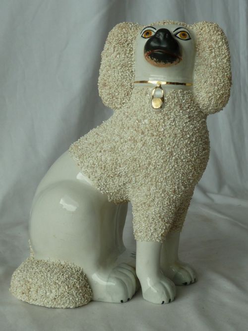 PAIR VICTORIAN STAFFORDSHIRE POTTERY POODLE CONFETTI DOGS SEPARATE LEG FIGURES GRAVELWARE LION CUT ANTIQUE - ADDITIONAL PHOTO 5