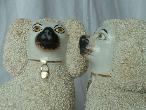 PAIR VICTORIAN STAFFORDSHIRE POTTERY POODLE CONFETTI DOGS SEPARATE LEG FIGURES GRAVELWARE LION CUT ANTIQUE - ADDITIONAL PHOTO 7