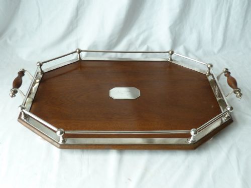 victorian silver plate mahogany rectangular gallery tray epns antique - CATEGORY: ANTIQUE MISCELLANEOUS - DATED 1890
