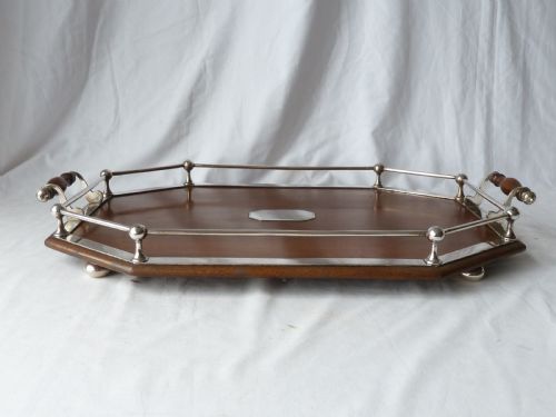 VICTORIAN SILVER PLATE MAHOGANY RECTANGULAR GALLERY TRAY EPNS ANTIQUE - ADDITIONAL PHOTO 1