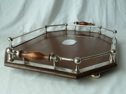 VICTORIAN SILVER PLATE MAHOGANY RECTANGULAR GALLERY TRAY EPNS ANTIQUE - ADDITIONAL PHOTO 7