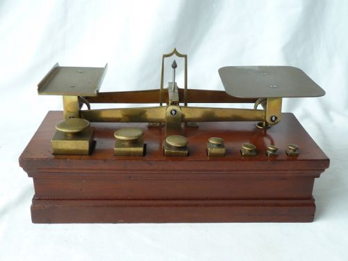 victorian brass letter postal balance brass square weights box scales - CATEGORY: ANTIQUE MISCELLANEOUS - DATED 1850