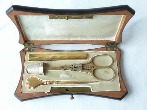 french sewing set necessaire etui box inlaid ebony silver thimble - CATEGORY: ANTIQUE MISCELLANEOUS - DATED 1880