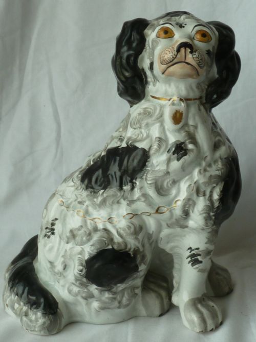 PAIR LARGE VICTORIAN BLACK WHITE STAFFORDSHIRE COMFORTER SPANIEL WALLY DOGS POTTERY - ADDITIONAL PHOTO 7