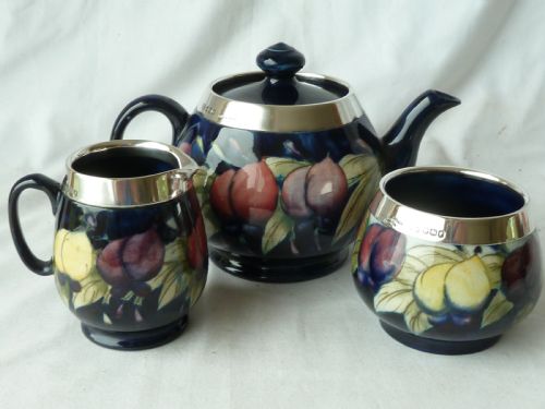 Moorcroft Wisteria Plum Tea Set 1923 Silver Mounted Teapot Jug Sugar Bowl