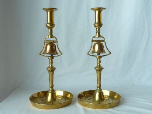 original early victorian bell candlesticks tavern candlesticks brass 1234 - CATEGORY: ANTIQUE LIGHTING - DATED 1850