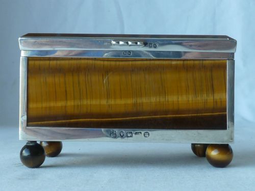 VICTORIAN SILVER TIGERS EYE AGATE HARDSTONE BOX HALLMARKED STERLING TRINKET JEWELLERY - ADDITIONAL PHOTO 3