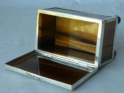 VICTORIAN SILVER TIGERS EYE AGATE HARDSTONE BOX HALLMARKED STERLING TRINKET JEWELLERY - ADDITIONAL PHOTO 6