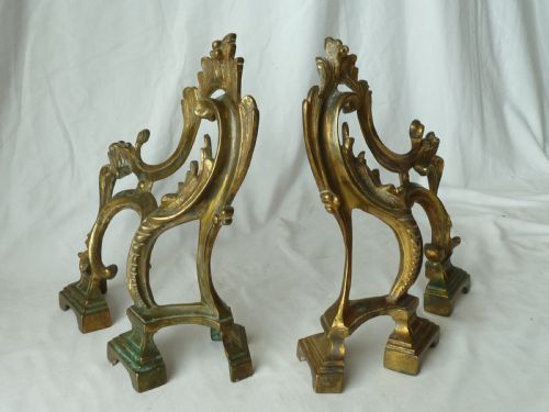 CHENET FIRE TOOL RESTS DOGS GILT BRASS ROCOCO HEARTH FRENCH PAIR - ADDITIONAL PHOTO 1