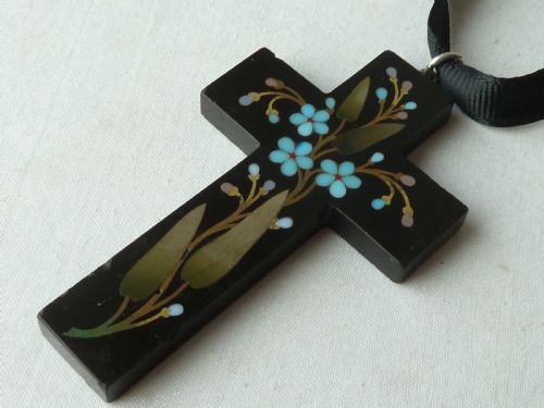 LARGE PIETRA DURA CROSS PENDANT ASHFORD MARBLE HARDSTONE INLAY VICTORIAN FORGET ME NOT - ADDITIONAL PHOTO 1