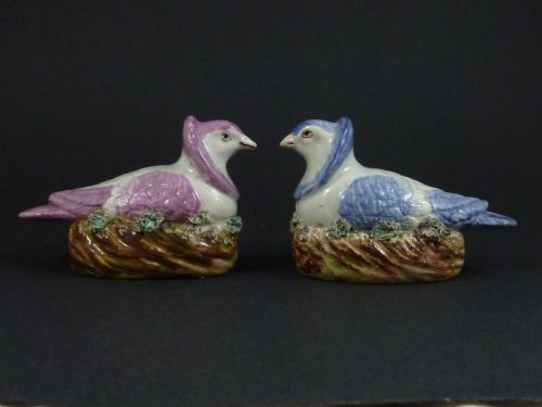 Pair Victorian Staffordshire Nun Pigeons Doves Pearlware Pottery Miniature