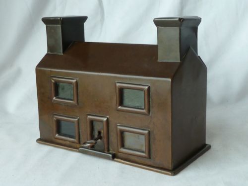 patinated brass cottage money box coin bank miniature building house english naive folk art - CATEGORY: ANTIQUE BOXES - DATED 1880