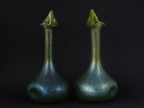 PAIR JACK IN THE PULPIT VASES LOETZ IRIDESCENT GREEN GLASS ART NOUVEAU - ADDITIONAL PHOTO 1