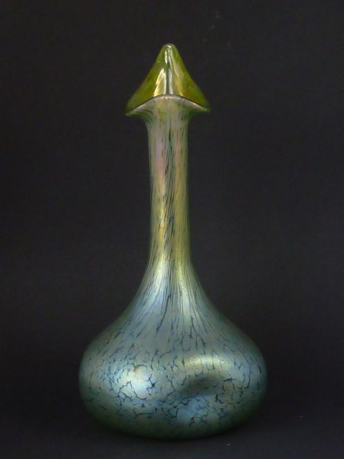 PAIR JACK IN THE PULPIT VASES LOETZ IRIDESCENT GREEN GLASS ART NOUVEAU - ADDITIONAL PHOTO 2