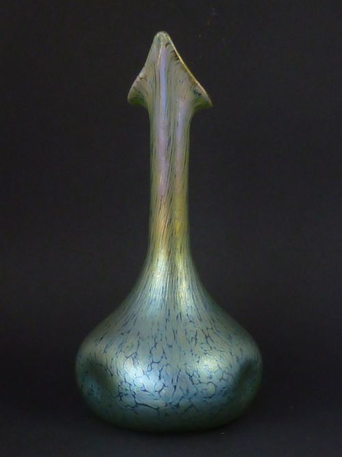 PAIR JACK IN THE PULPIT VASES LOETZ IRIDESCENT GREEN GLASS ART NOUVEAU - ADDITIONAL PHOTO 3