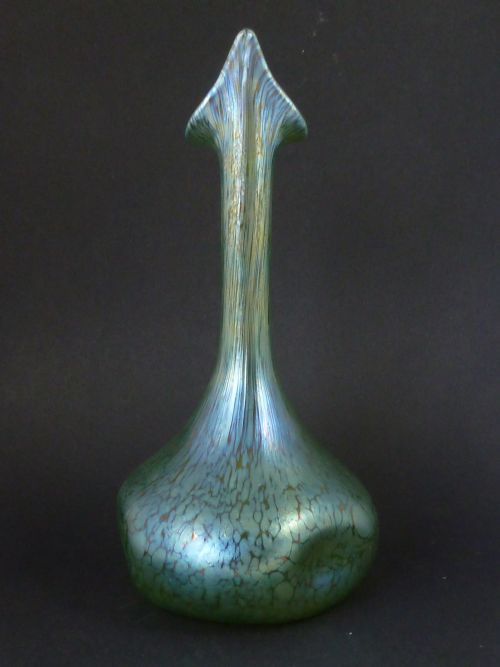 PAIR JACK IN THE PULPIT VASES LOETZ IRIDESCENT GREEN GLASS ART NOUVEAU - ADDITIONAL PHOTO 6