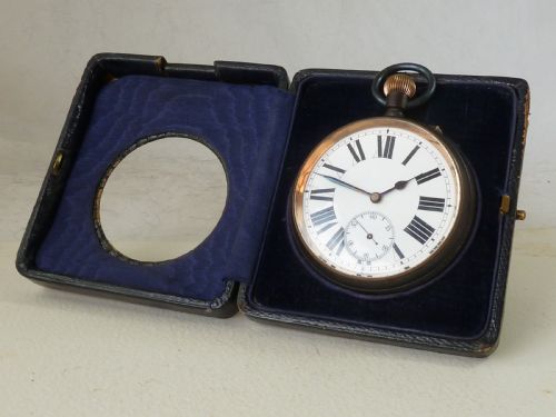 70mm goliath pocket watch swiss jeweled 8 day gun metal leather case - CATEGORY: ANTIQUE WATCHES - DATED 1900