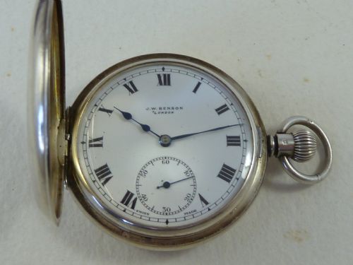 J W BENSON SOLID SILVER SWISS HALF HUNTER POCKET WATCH LONDON 1938 CASE - ADDITIONAL PHOTO 4