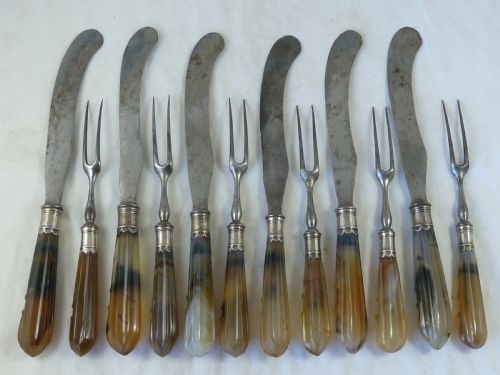 silver mounted agate handle knives forks scimitar six place dinner setting table cutlery english georgian - CATEGORY: ANTIQUE MISCELLANEOUS - DATED 1750