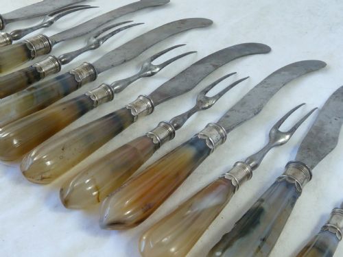 SILVER MOUNTED AGATE HANDLE KNIVES FORKS SCIMITAR SIX PLACE DINNER SETTING TABLE CUTLERY ENGLISH GEORGIAN - ADDITIONAL PHOTO 1