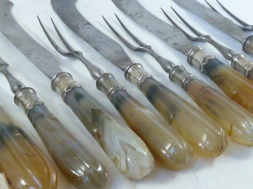 SILVER MOUNTED AGATE HANDLE KNIVES FORKS SCIMITAR SIX PLACE DINNER SETTING TABLE CUTLERY ENGLISH GEORGIAN - ADDITIONAL PHOTO 3
