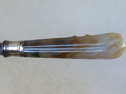 SILVER MOUNTED AGATE HANDLE KNIVES FORKS SCIMITAR SIX PLACE DINNER SETTING TABLE CUTLERY ENGLISH GEORGIAN - ADDITIONAL PHOTO 4