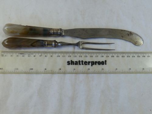 SILVER MOUNTED AGATE HANDLE KNIVES FORKS SCIMITAR SIX PLACE DINNER SETTING TABLE CUTLERY ENGLISH GEORGIAN - ADDITIONAL PHOTO 7